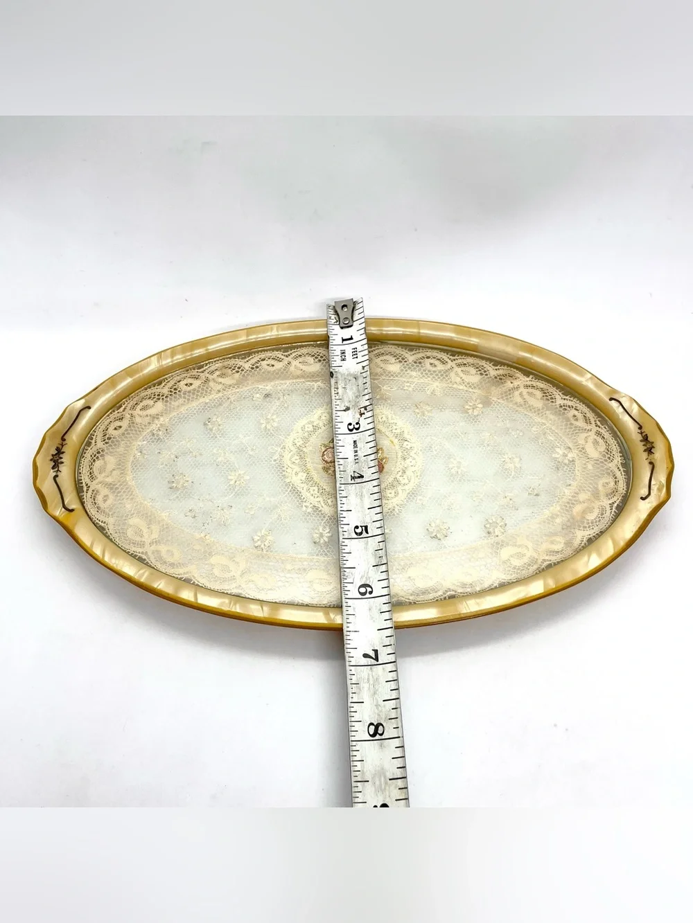 Vintage Lucite Vanity Tray with Lace & Embroidered Roses Butterscotch Oval